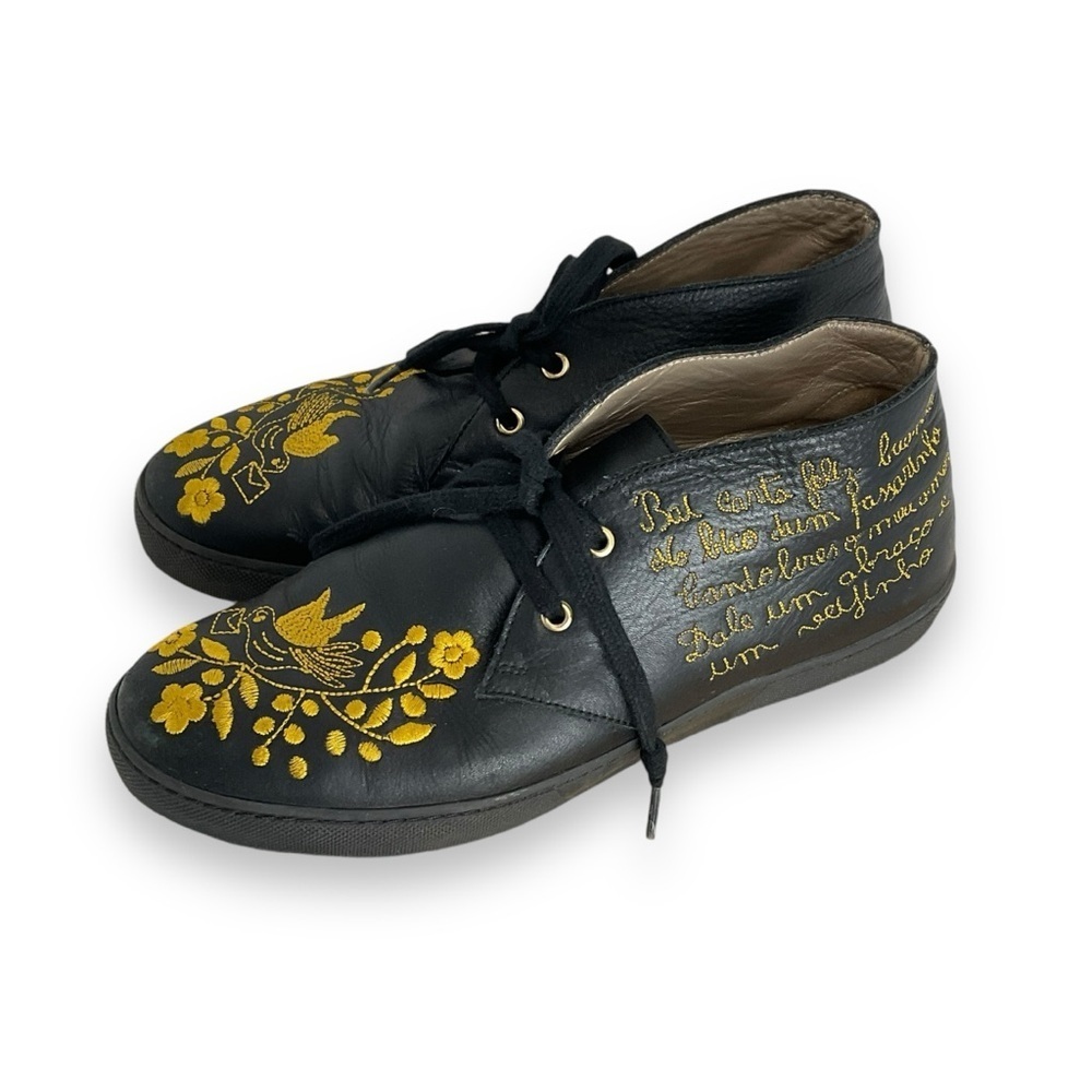 Namorarte Shoes Leather Embroidered‎ Flats Doves Portugal Black Yellow Size 8.5